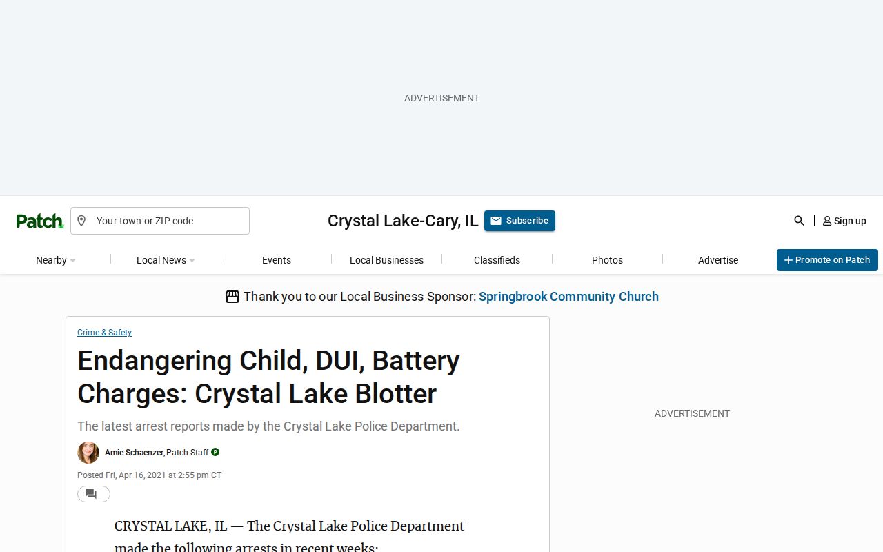 Historical Patch Crystal Lake police blotter page used as secondary context