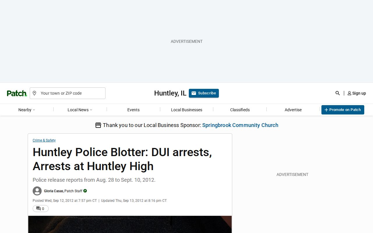 Historical Patch Huntley police blotter page shown as a secondary archive source