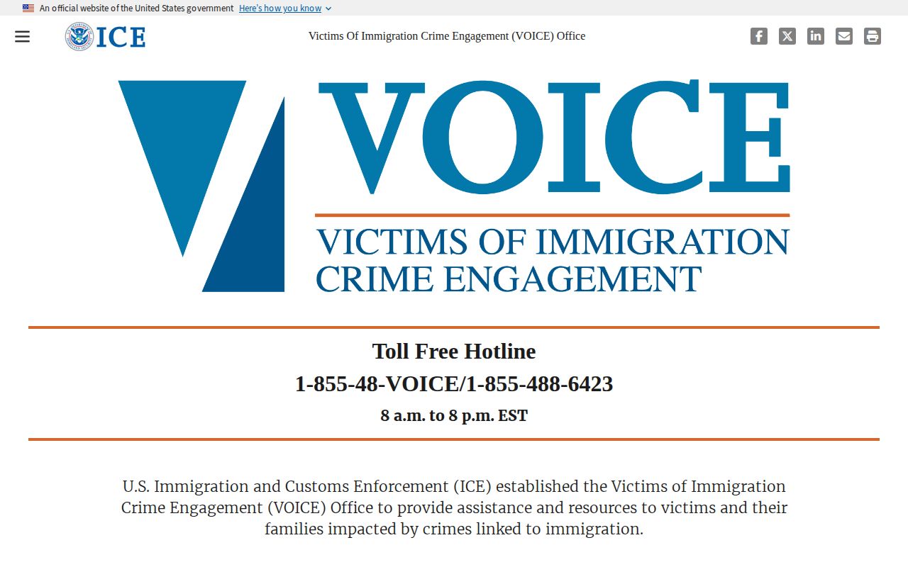 ICE Victim Notification page for immigration custody updates