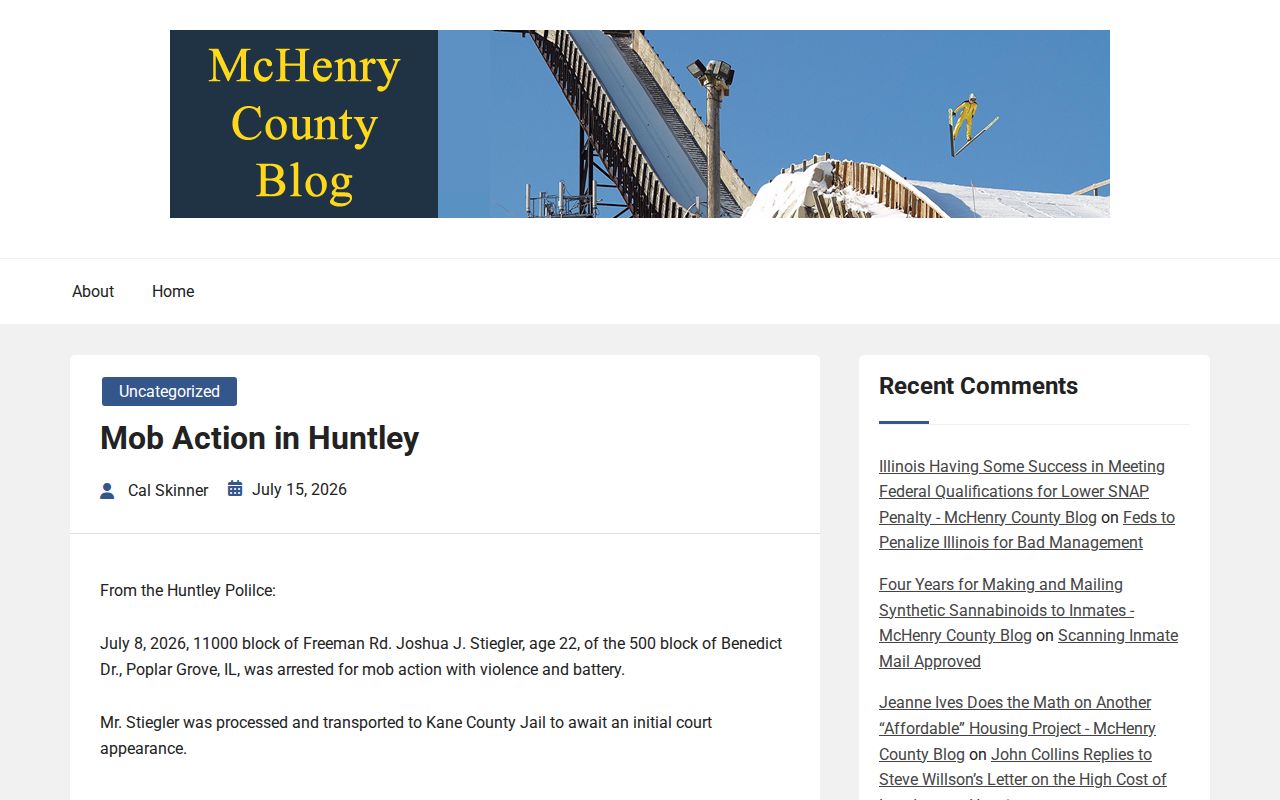 McHenry County Blog report describing a Huntley arrest and Kane County Jail destination